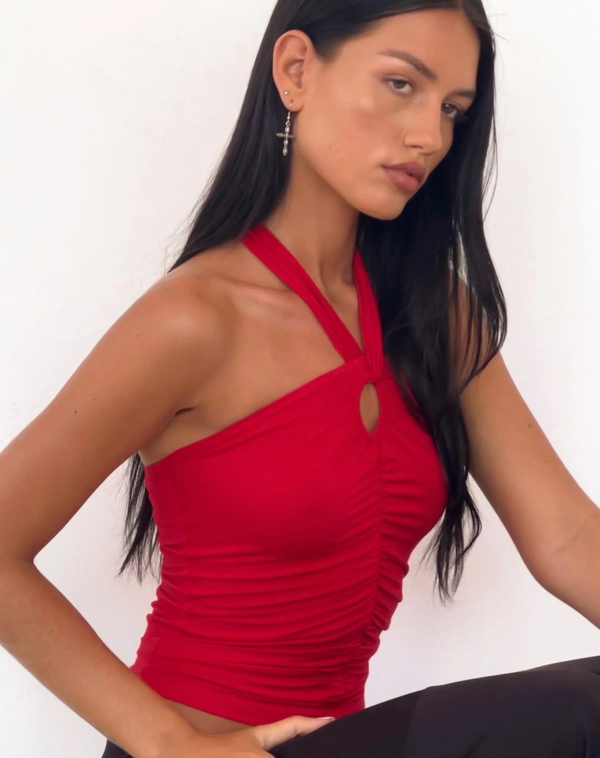 Audrey Halterneck Top in Red Soft Slinky sold by Motel Rocks