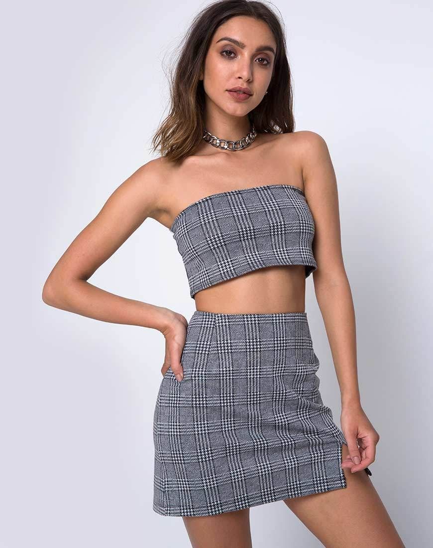 Dina Mini Skirt in Charles Check Grey sold by Motel Rocks