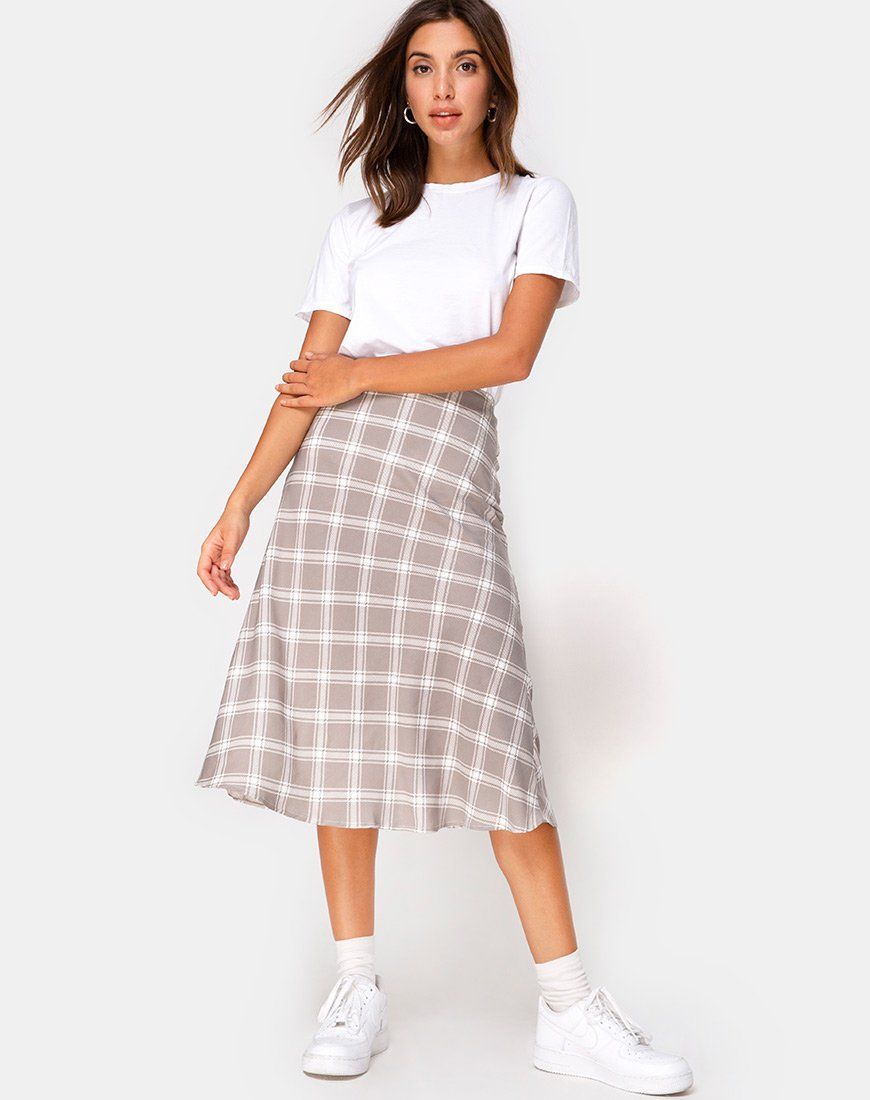 Tauri Midi Skirt in Grunge Check Taupe sold by Motel Rocks