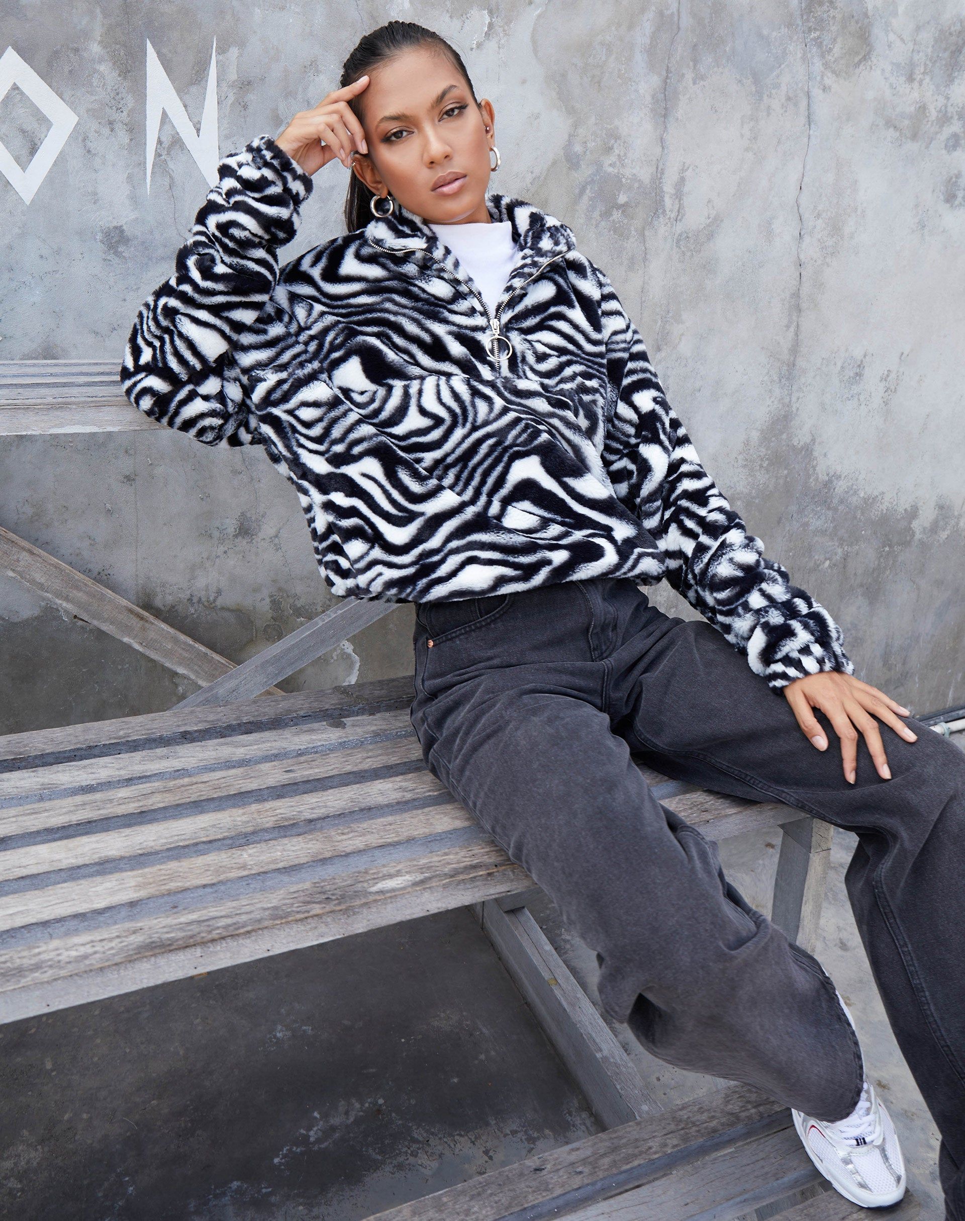 Nero Ring Pull Jacket in Zebra Black and White sold by Motel Rocks
