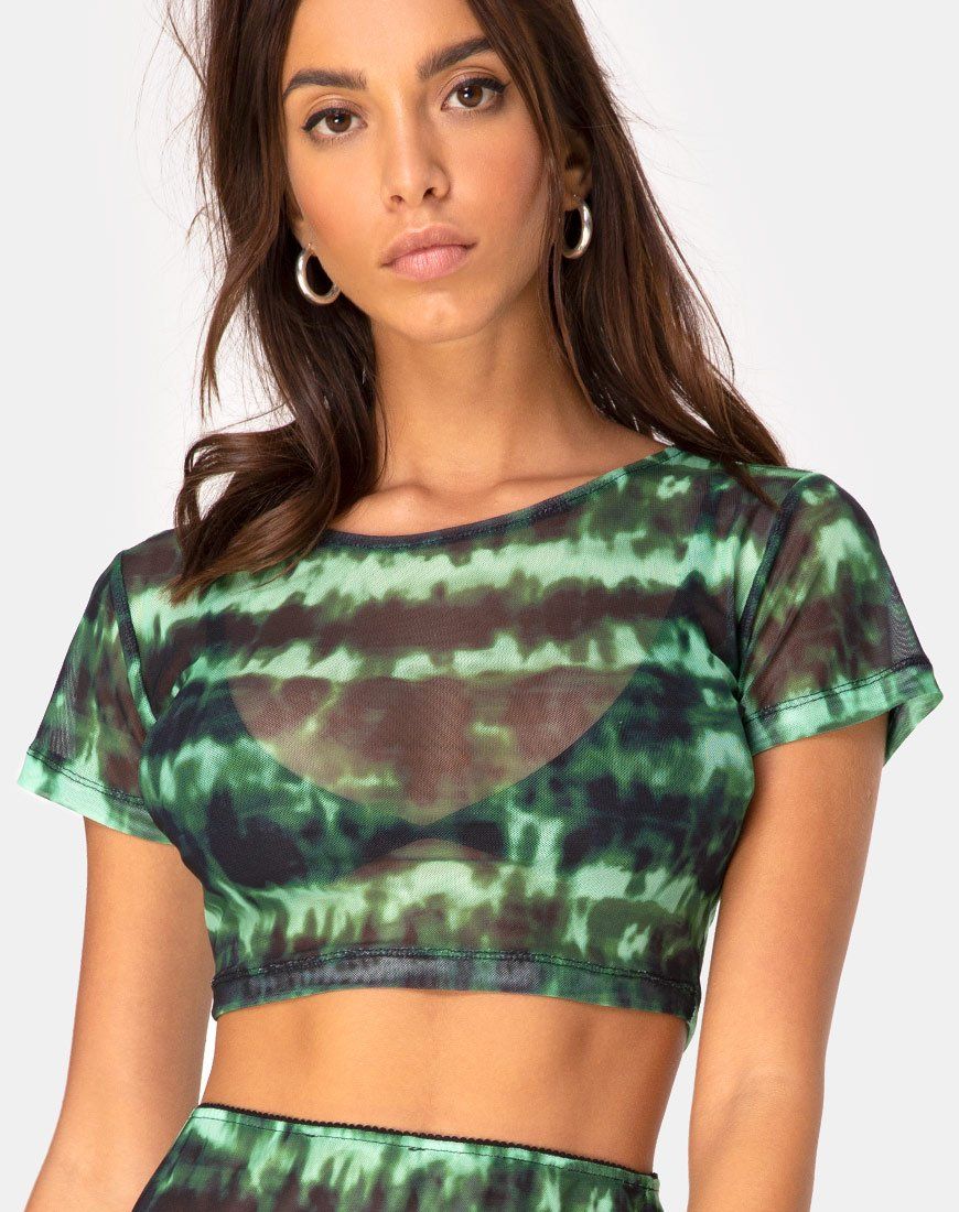 Tindy Crop Top in Tie Dye Turquoise Mesh sold by Motel Rocks