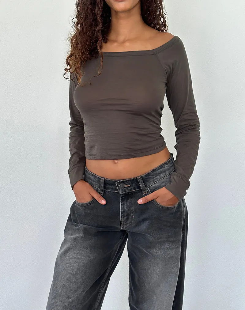 Gavya Long Sleeve Bardot Top in Olive Jersey sold by Motel Rocks