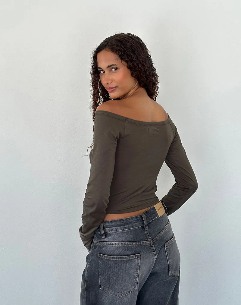 Gavya Long Sleeve Bardot Top in Olive Jersey sold by Motel Rocks product image thumbnail 4