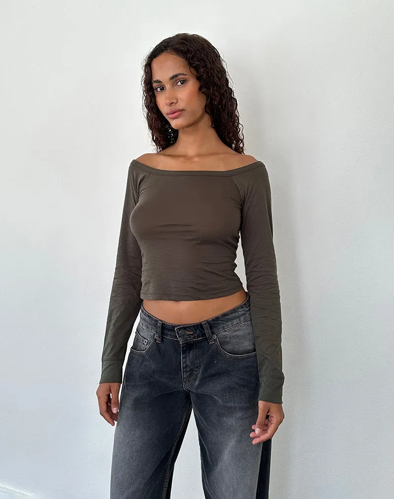 Gavya Long Sleeve Bardot Top in Olive Jersey sold by Motel Rocks product image thumbnail 3