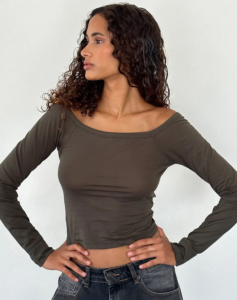 Gavya Long Sleeve Bardot Top in Olive Jersey sold by Motel Rocks product image thumbnail 2
