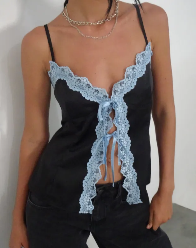 Bahela Tie Front Cami Top in Black with Blue Lace sold by Motel Rocks