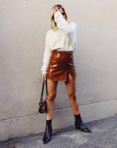 Wren Mini Skirt in PU Croco Brown sold by Motel Rocks