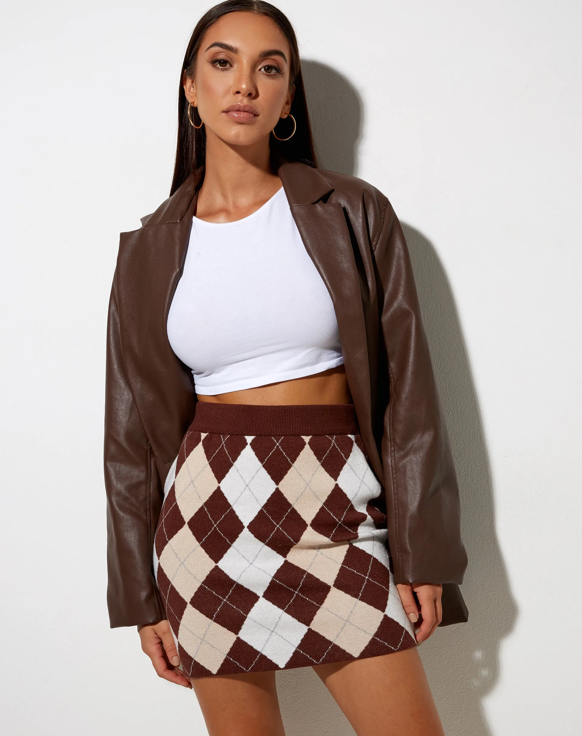 Riani Mini Skirt in Knit Argyle Tan sold by Motel Rocks