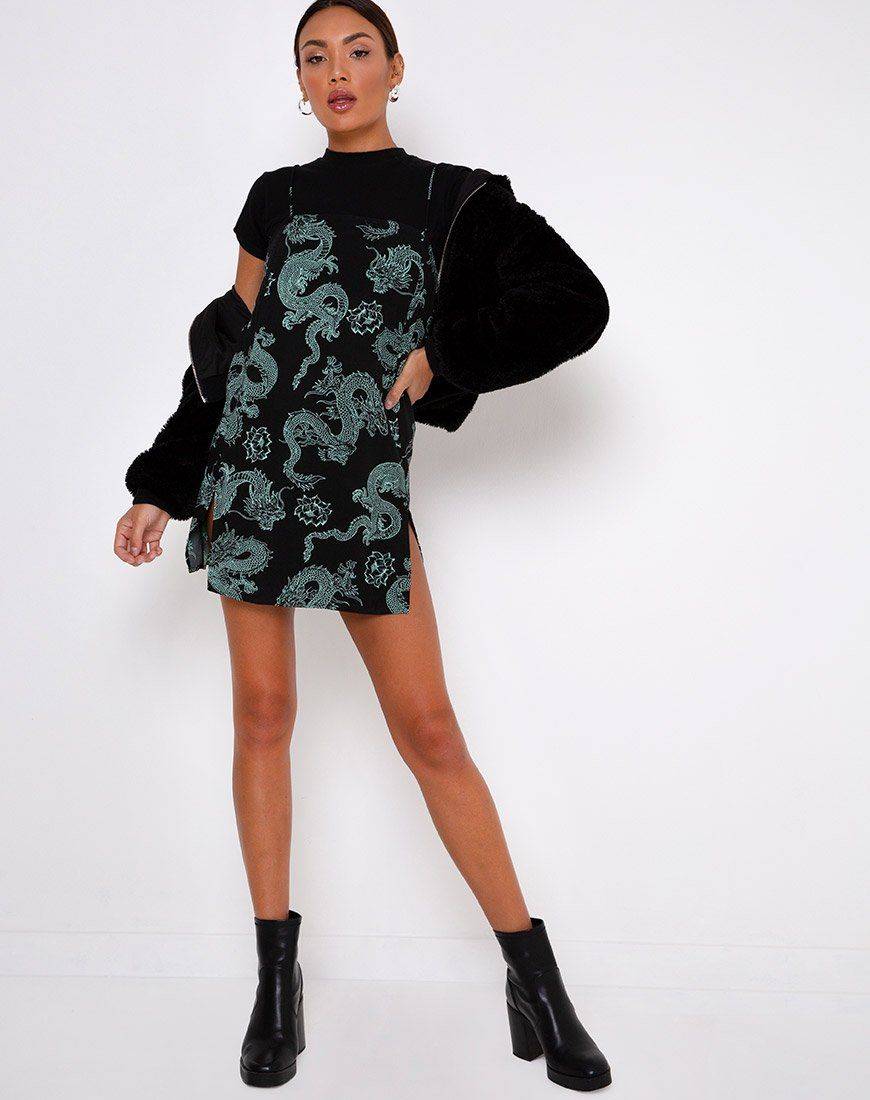 Tista Dress in Dragon Flower Black and Mint sold by Motel Rocks