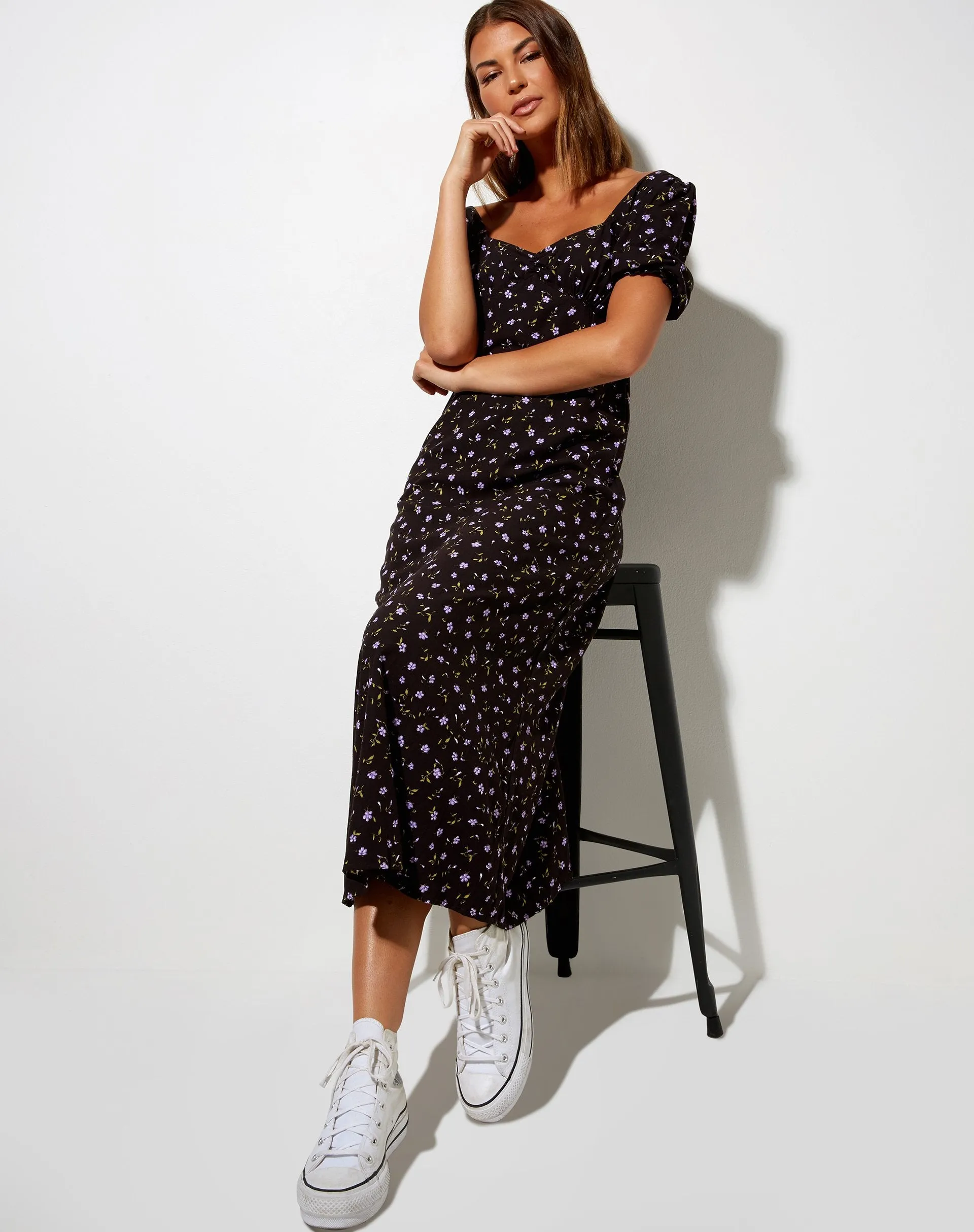 Fernanda Midi Dress in Pretty Petal Coffee and Purple sold by Motel Rocks