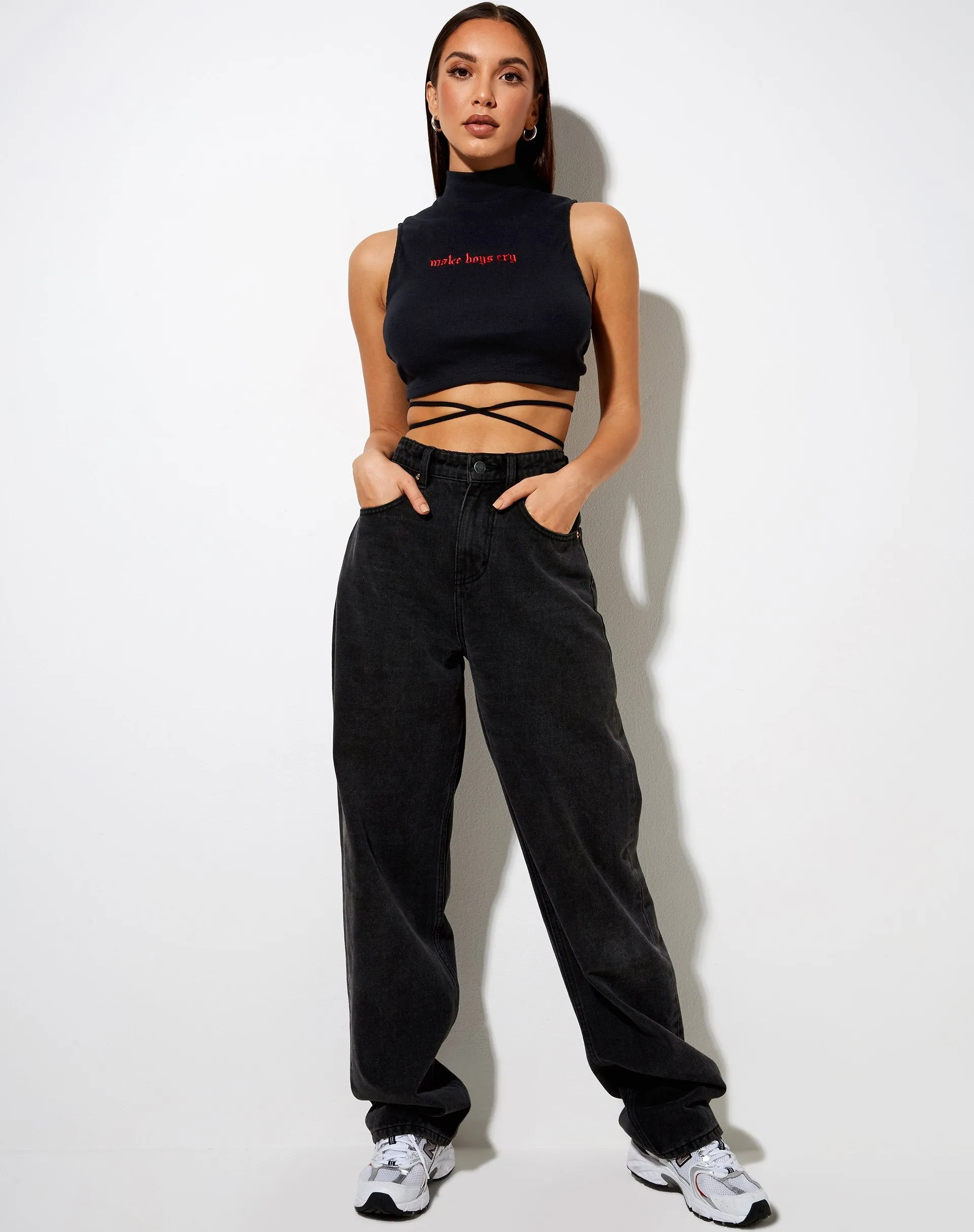Quera Crop Top in Rib Black with 'Make Boys Cry' Embro sold by Motel Rocks product image thumbnail 3