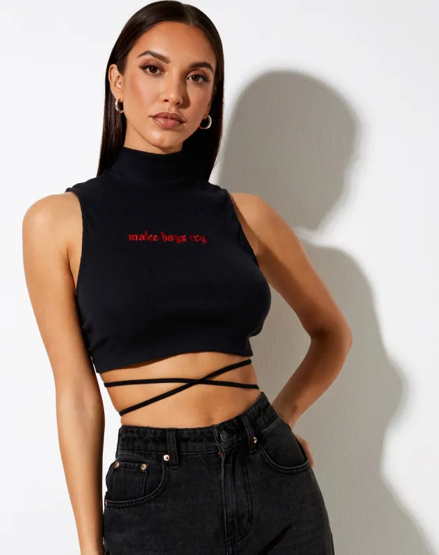 Quera Crop Top in Rib Black with 'Make Boys Cry' Embro sold by Motel Rocks