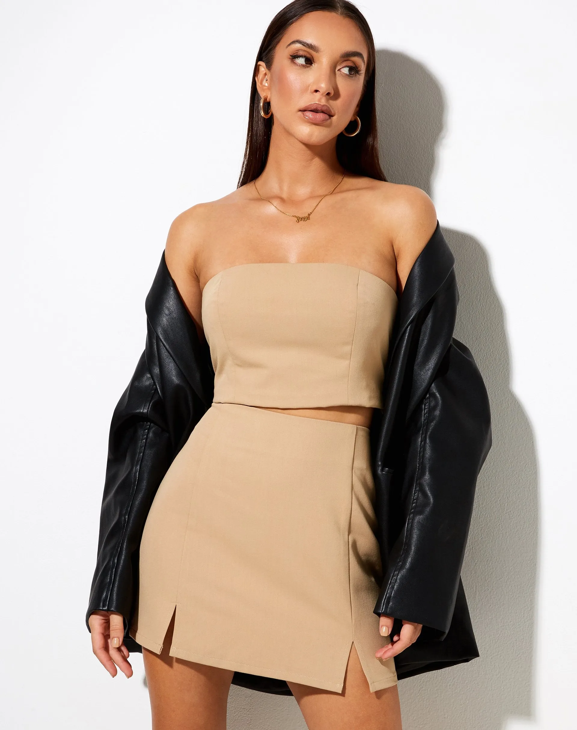 Mixo Mini Skirt in Almond sold by Motel Rocks