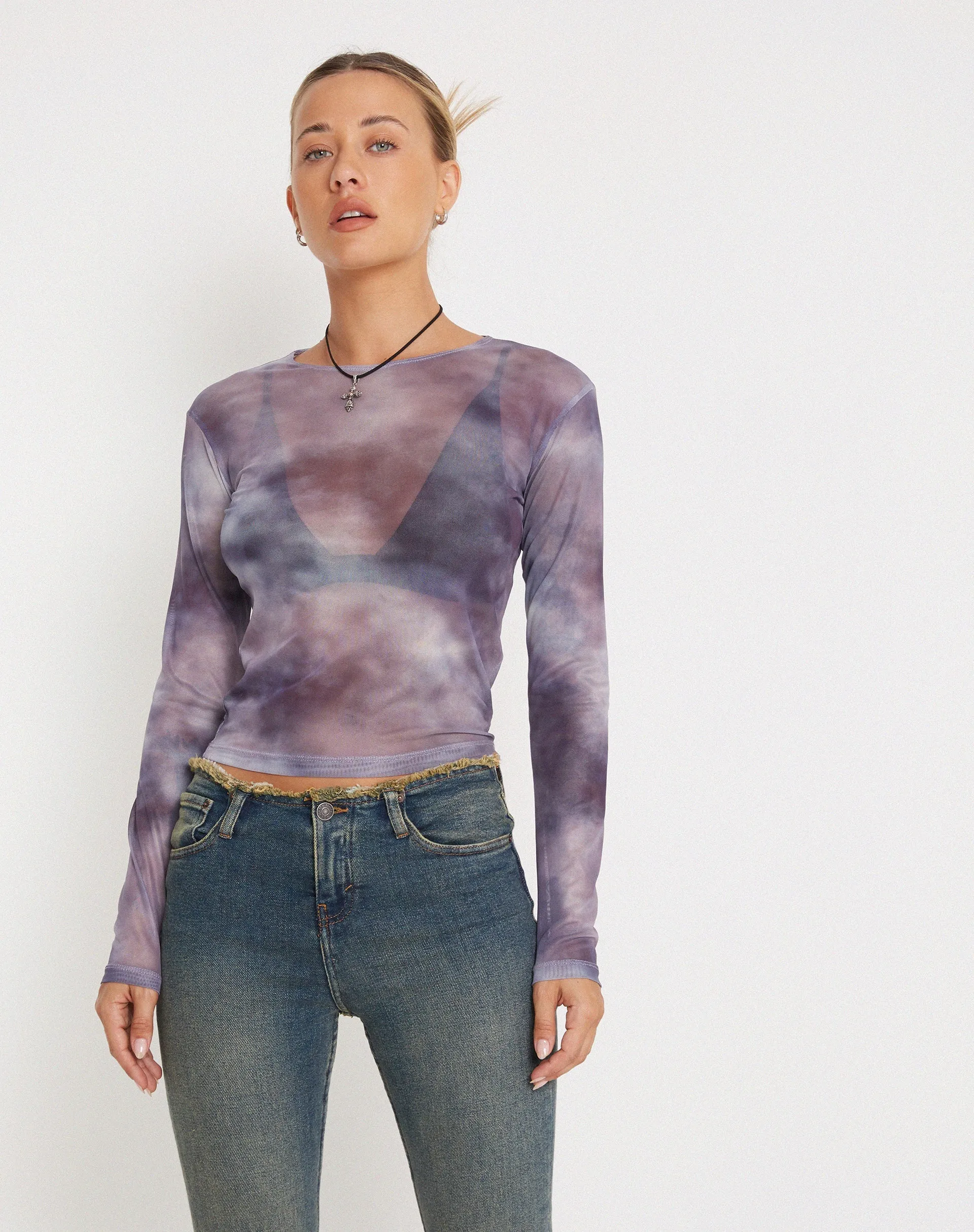 Narita Long Sleeve Mesh Crop Top in Smokey Gradients Purple sold by Motel Rocks