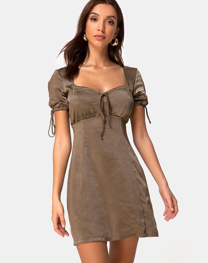 Guenette Dress in Satin Khaki sold by Motel Rocks