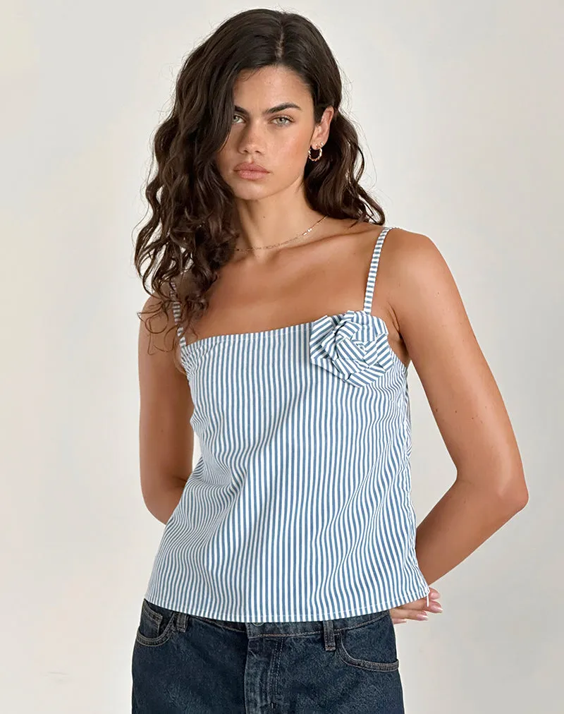 Flowa Top in Blue Small Vertical Stripe with Rosette sold by Motel Rocks
