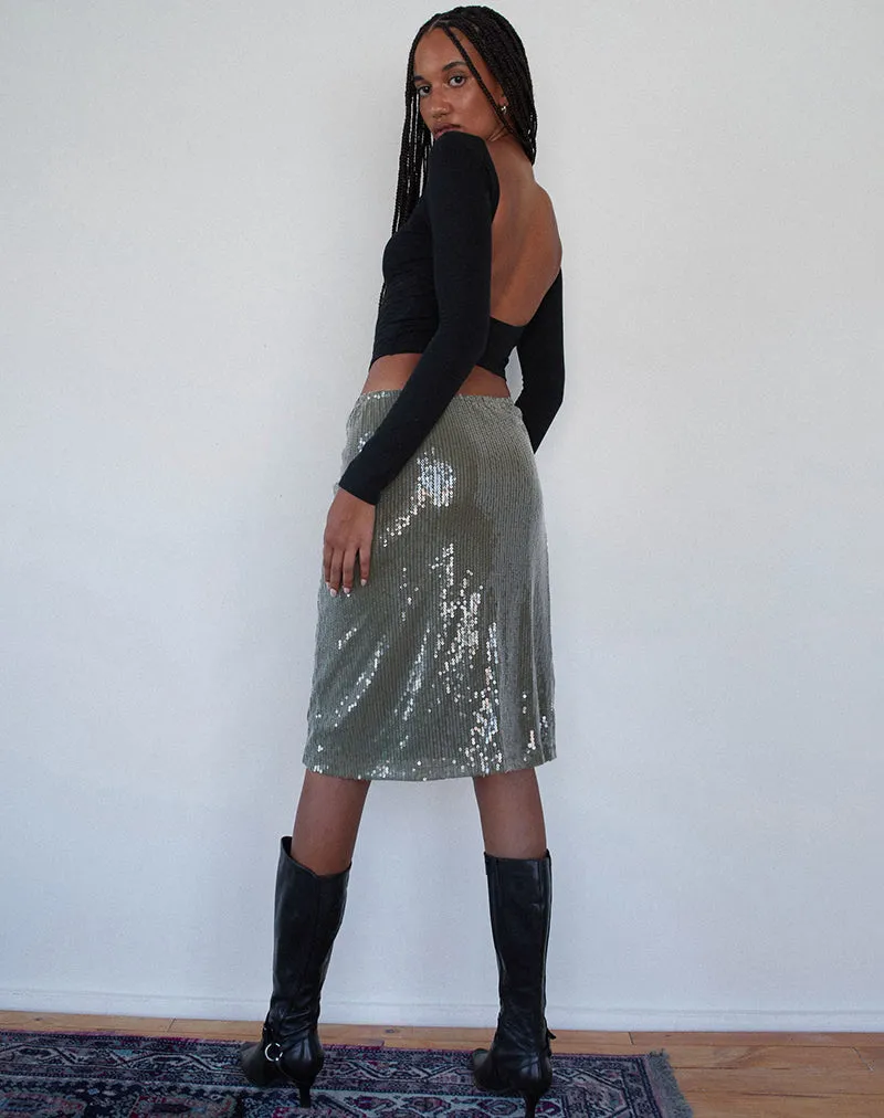 Kavi Midi Skirt in Khaki Green Clear Sequin sold by Motel Rocks product image thumbnail 4