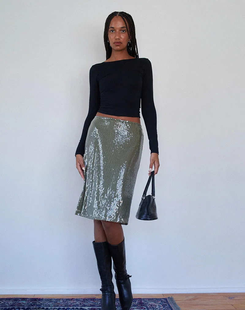 Kavi Midi Skirt in Khaki Green Clear Sequin sold by Motel Rocks product image thumbnail 5