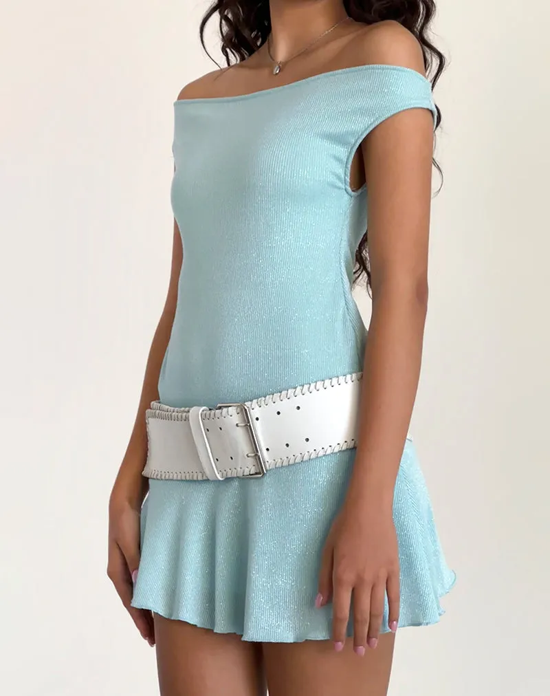Cynthia Mini Dress in Shimmer Rib Light Blue sold by Motel Rocks