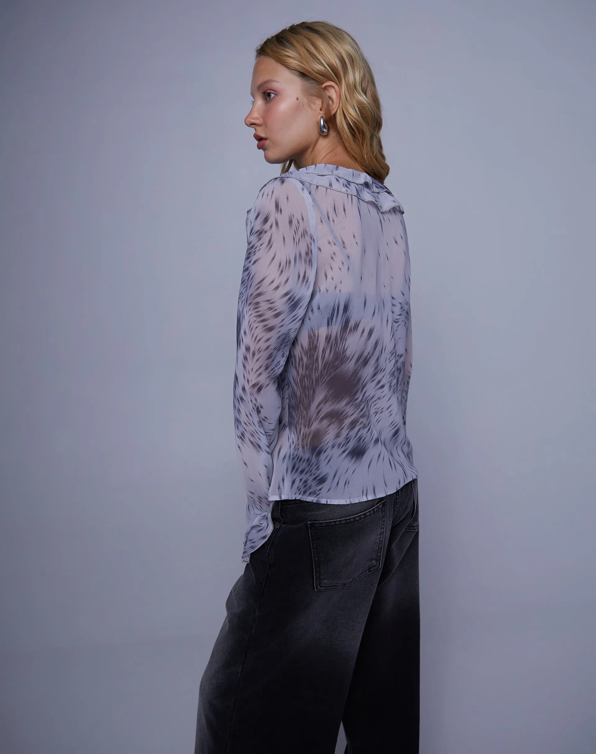 Cecelia Ruffle Detail Blouse in Distorted Animal Print sold by Motel Rocks product image thumbnail 4