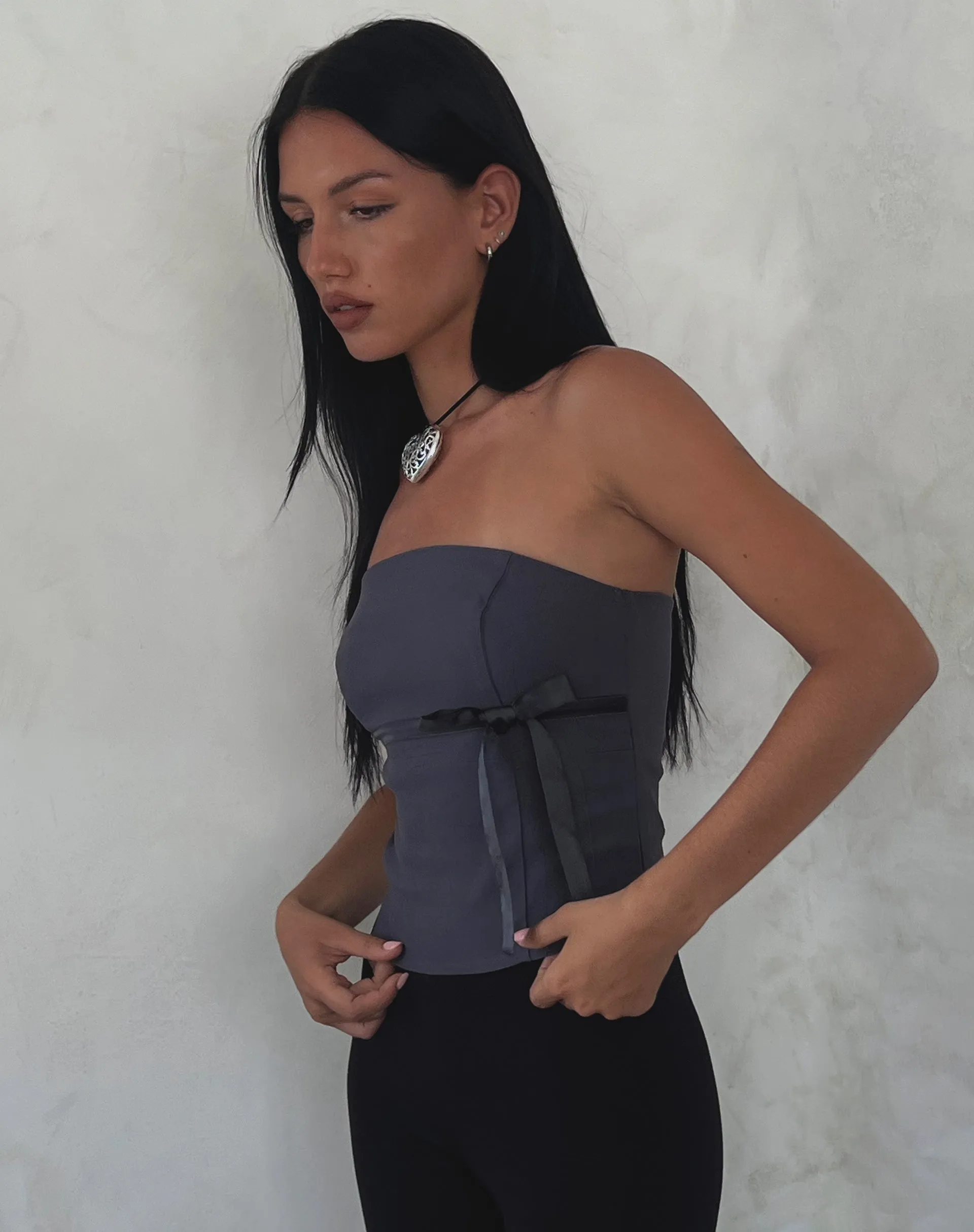Novita Bow Detail Bandeau Top in Tailoring Charcoal Grey sold by Motel Rocks product image thumbnail 5