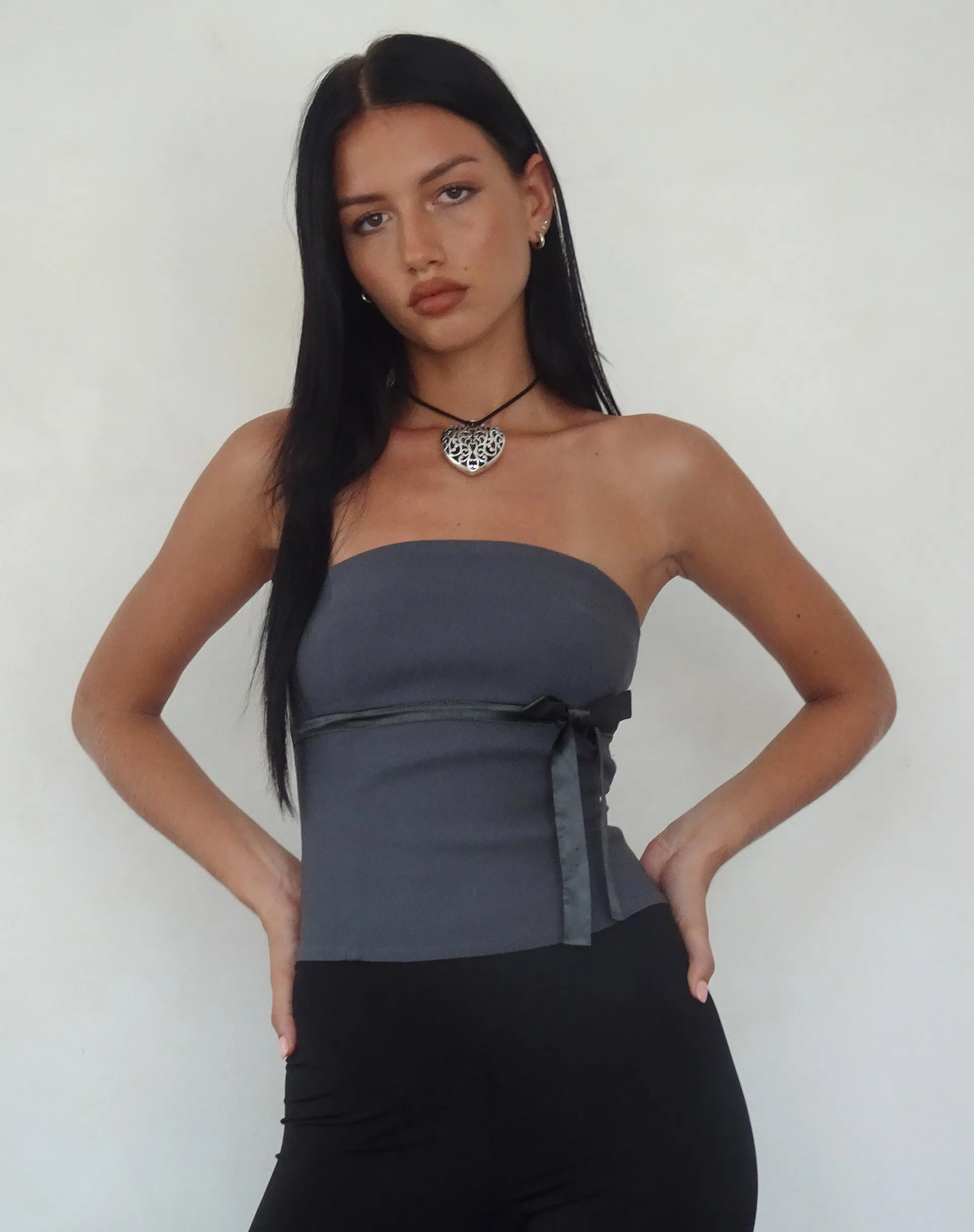 Novita Bow Detail Bandeau Top in Tailoring Charcoal Grey sold by Motel Rocks