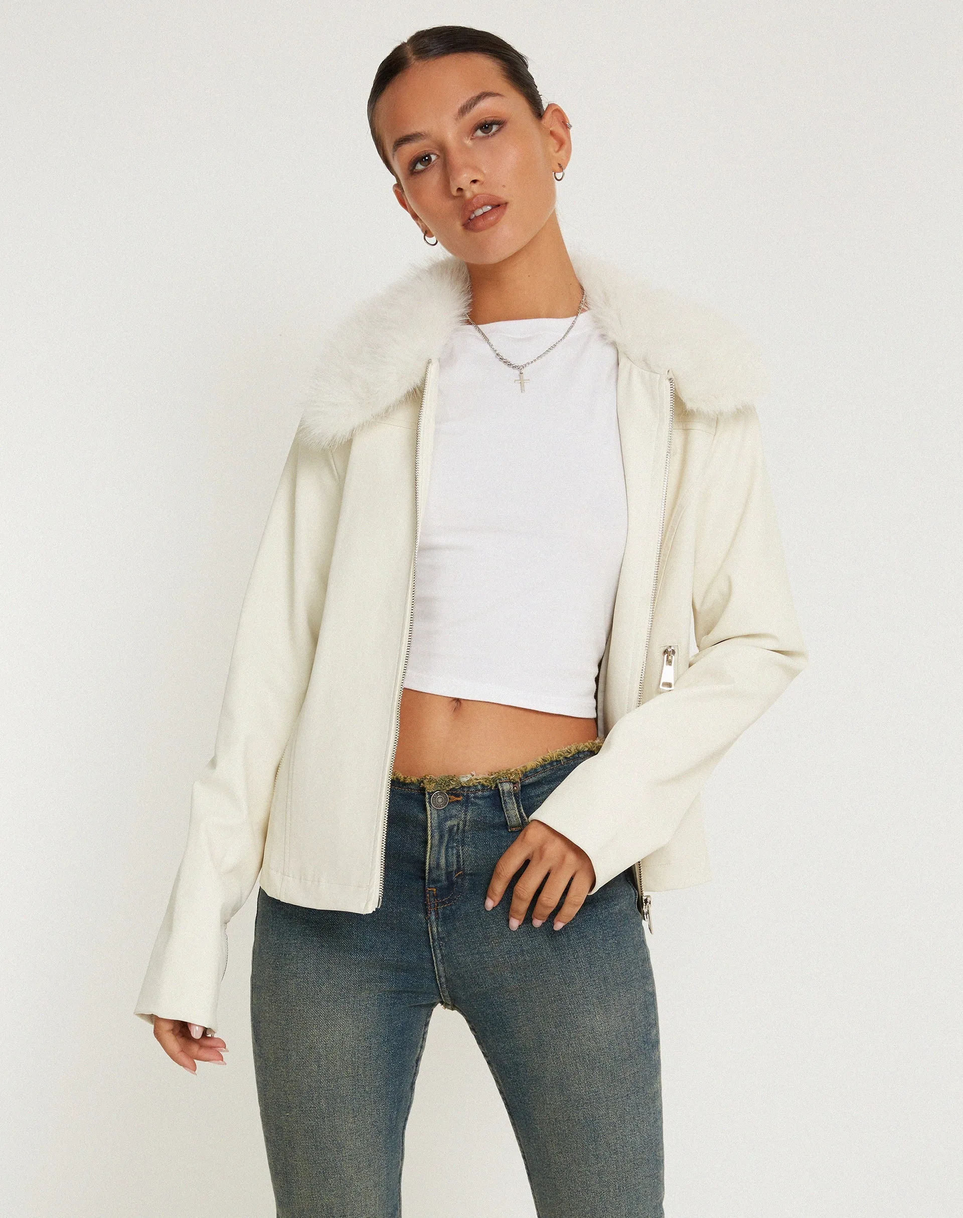 Yindo Zip Up Jacket in PU White sold by Motel Rocks