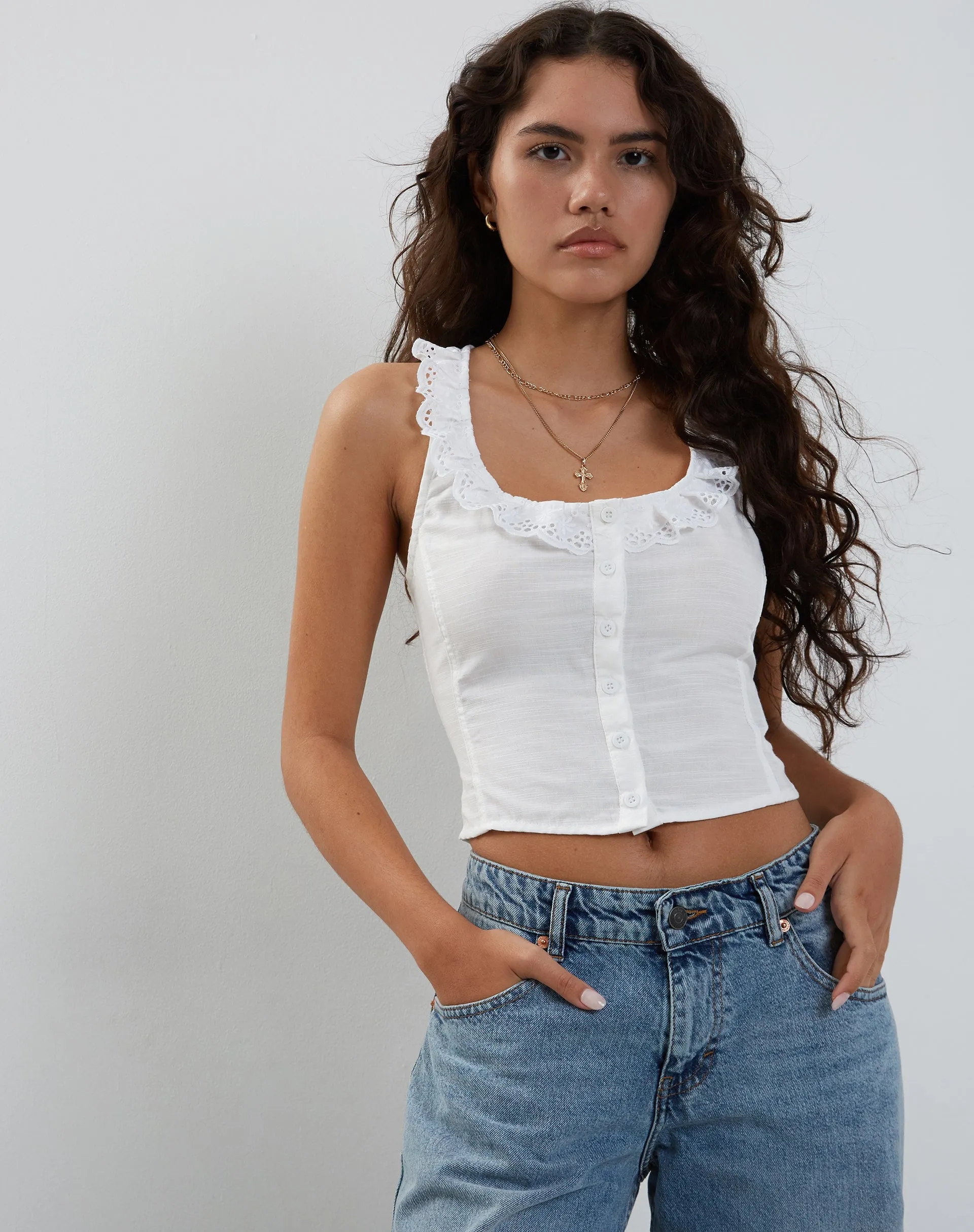 Junko Frill Detail Button Through Top in White sold by Motel Rocks product image thumbnail 5