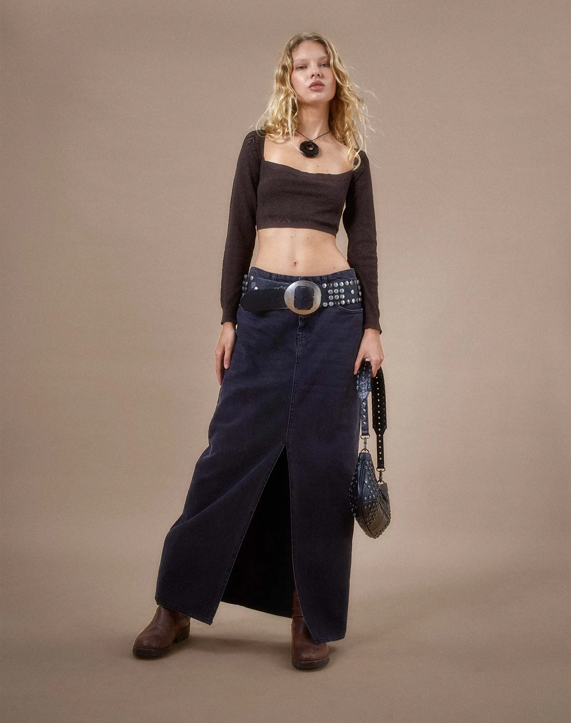 Calum Long Sleeve Top in Lightweight Pointelle Coffee sold by Motel Rocks product image thumbnail 3