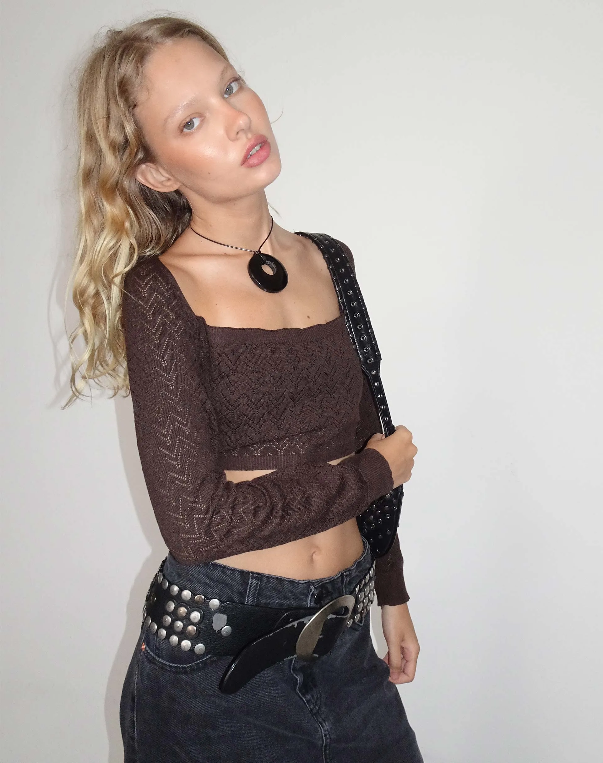 Calum Long Sleeve Top in Lightweight Pointelle Coffee sold by Motel Rocks product image thumbnail 4