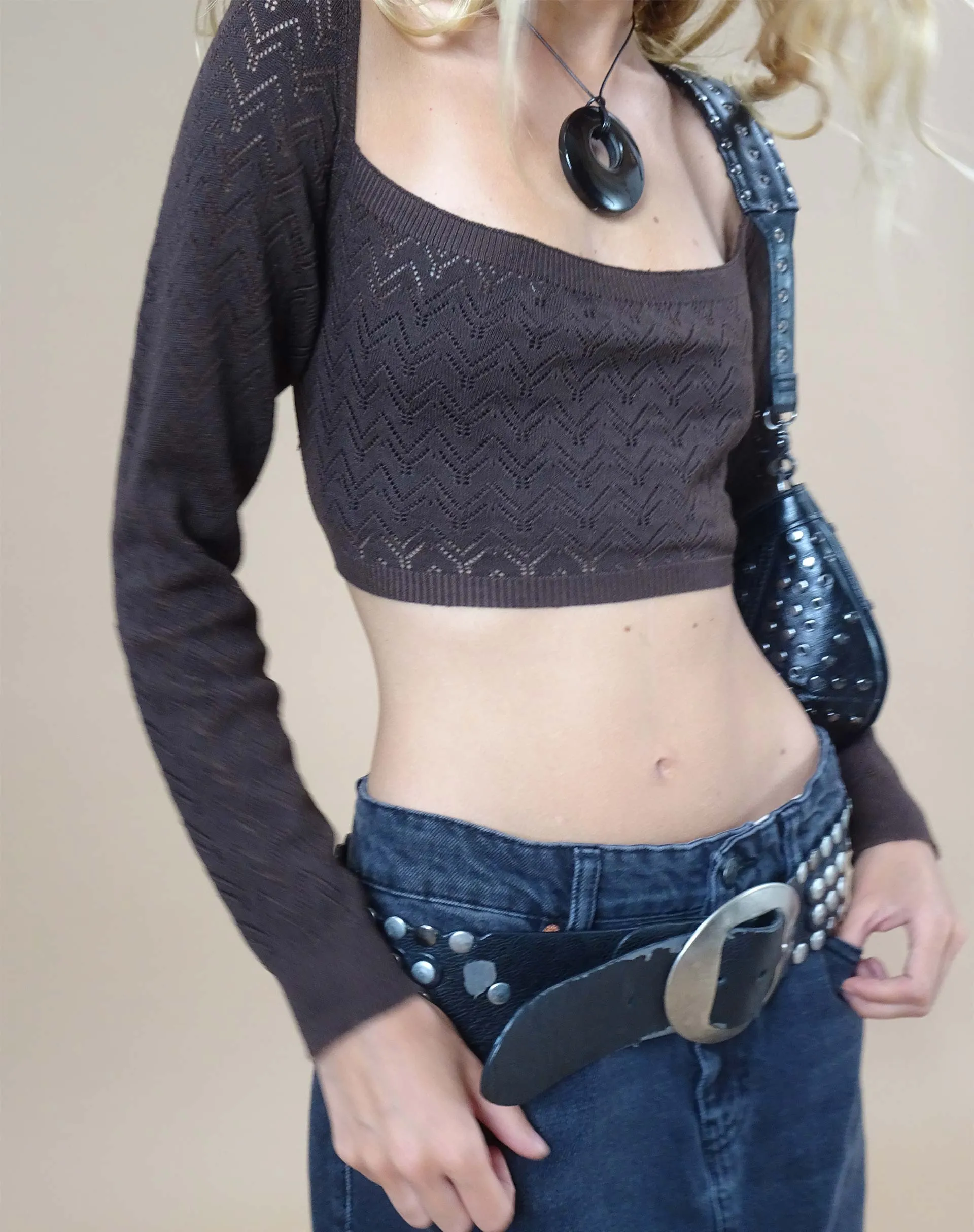 Calum Long Sleeve Top in Lightweight Pointelle Coffee sold by Motel Rocks product image thumbnail 2