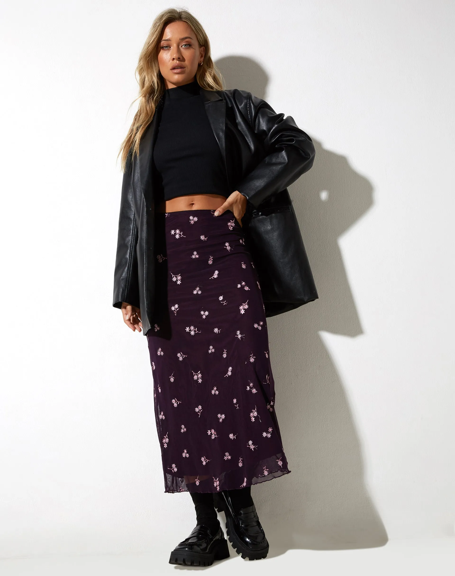 Rindu Maxi Skirt in Plum Daisy Embro sold by Motel Rocks