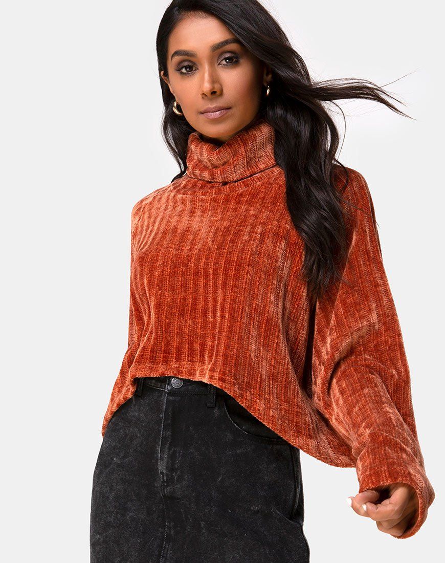 Evie Cropped Sweater in Rust Chenille sold by Motel Rocks