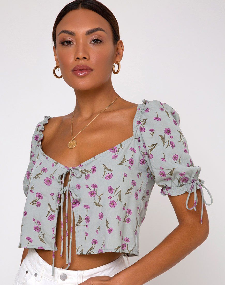 Fleur Top in Little Petal Dusky Blue sold by Motel Rocks