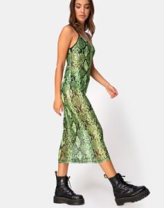 Midnight Midi Dress in Slime Lime Snake Mesh sold by Motel Rocks
