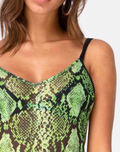 Midnight Midi Dress in Slime Lime Snake Mesh sold by Motel Rocks