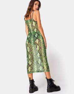 Midnight Midi Dress in Slime Lime Snake Mesh sold by Motel Rocks