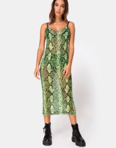 Midnight Midi Dress in Slime Lime Snake Mesh sold by Motel Rocks