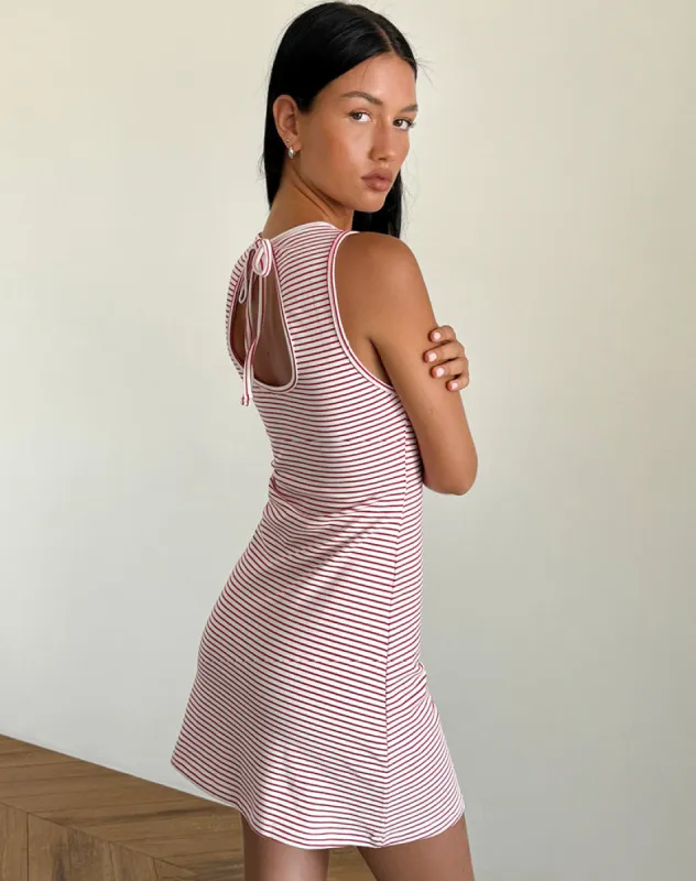 Muzuki Jersey Mini Dress in Red and White Stripe sold by Motel Rocks