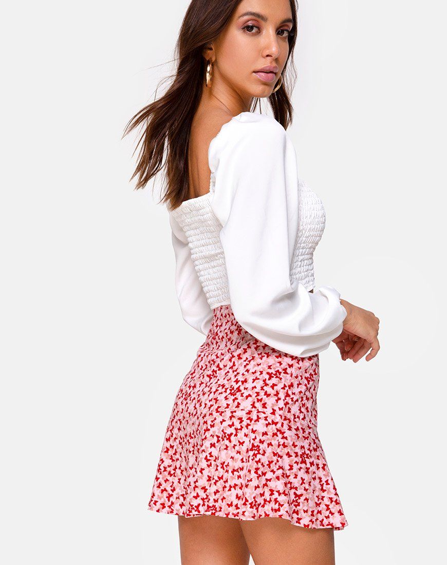 Gaelle Mini Skirt in Ditsy Butterfly Peach and Red sold by Motel Rocks product image thumbnail 2