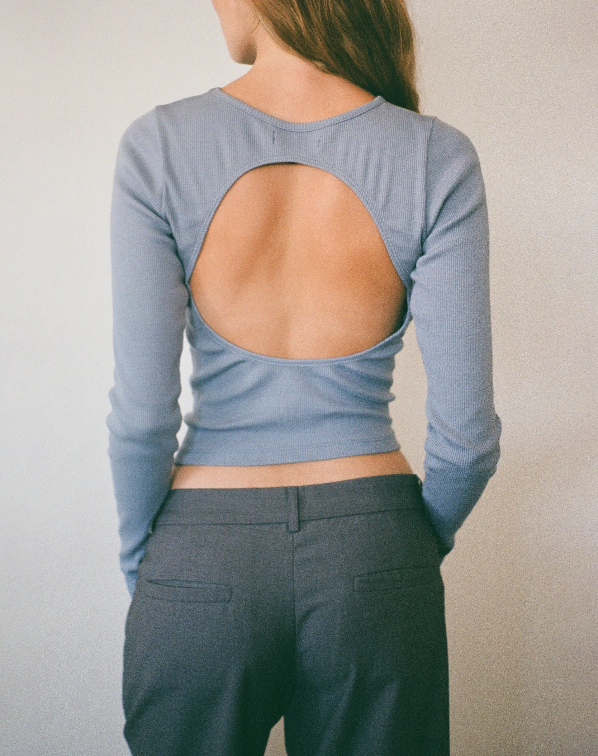 Gelbon Open Back Long Sleeve Top in Rib Powder Blue sold by Motel Rocks product image thumbnail 5