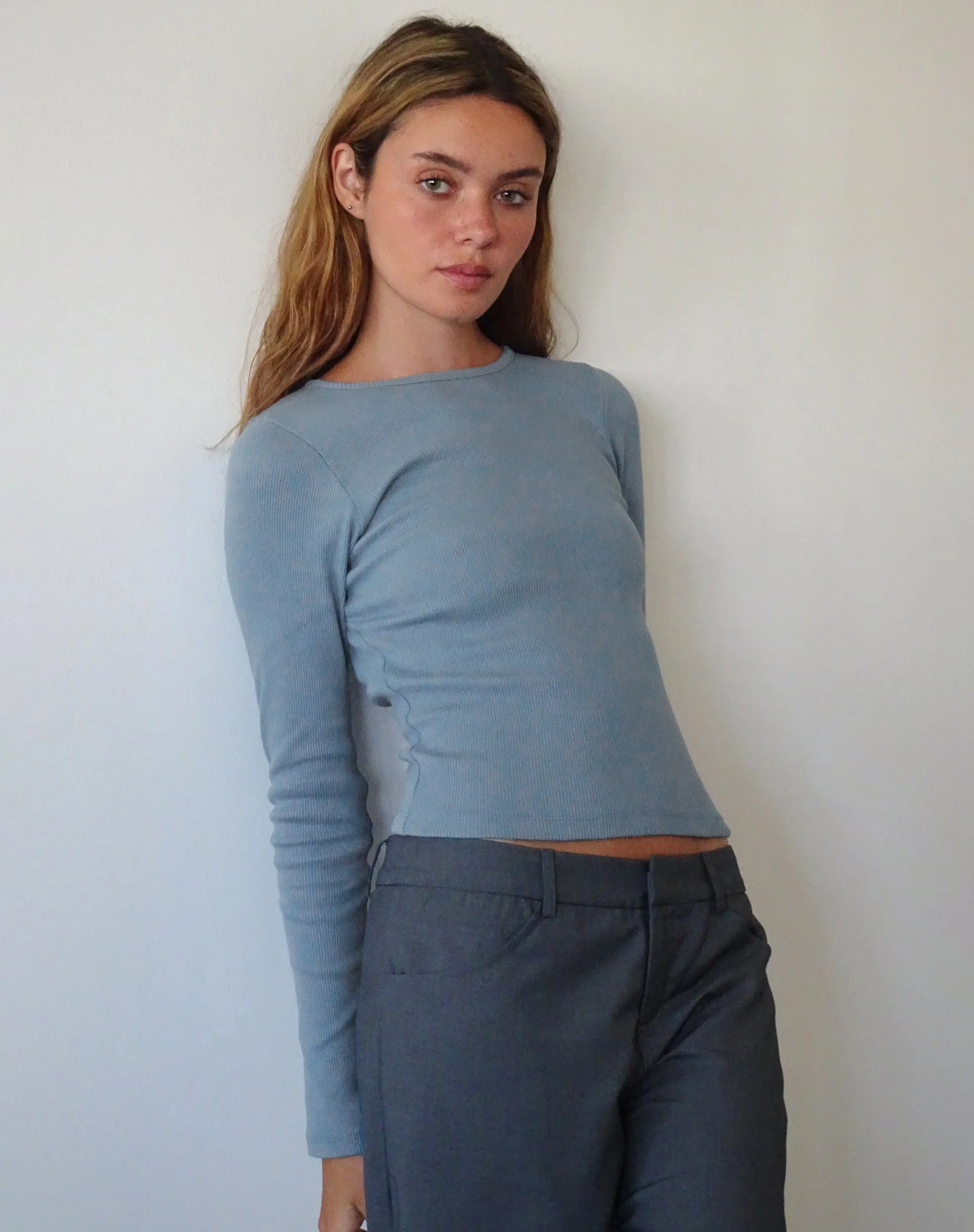 Gelbon Open Back Long Sleeve Top in Rib Powder Blue sold by Motel Rocks product image thumbnail 4