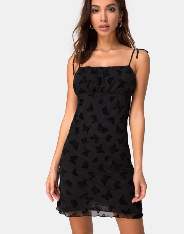 Kaline Dress in Butterfly Flock Black sold by Motel Rocks