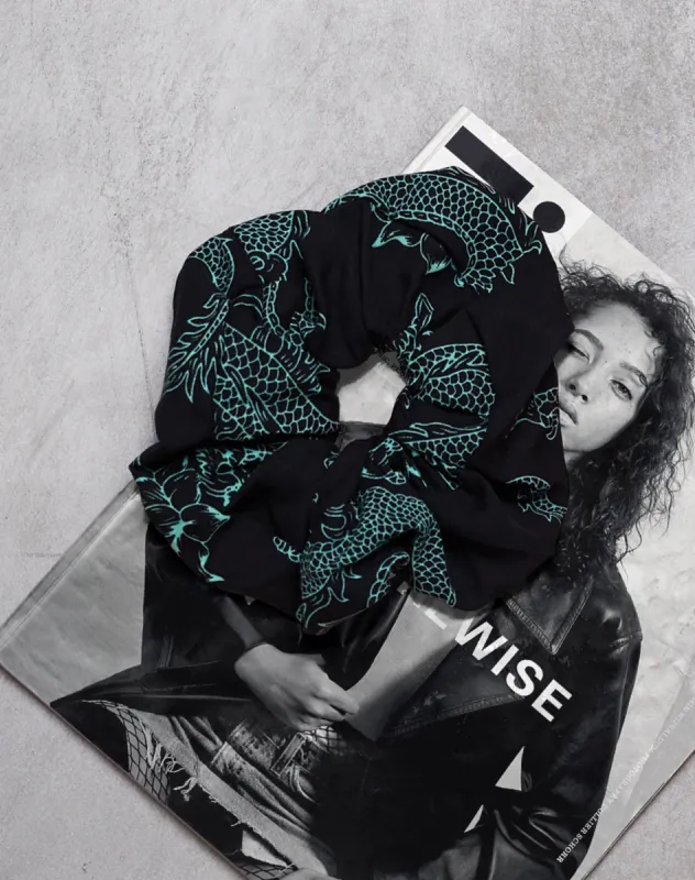 Scrunchie in Dragon Flower Black and Mint sold by Motel Rocks