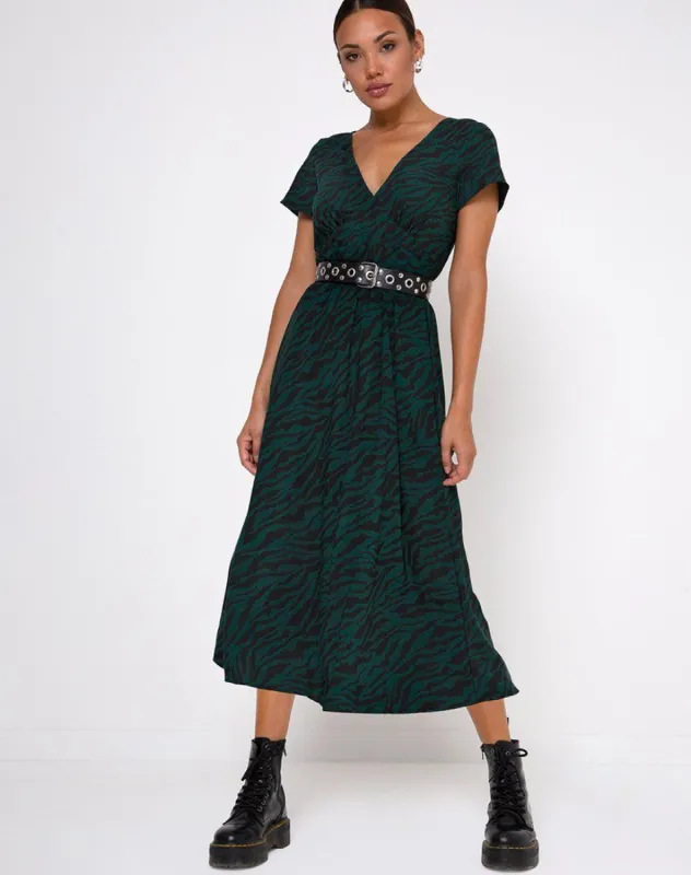 Nira Midi Dress in 90's Zebra Forest Green sold by Motel Rocks