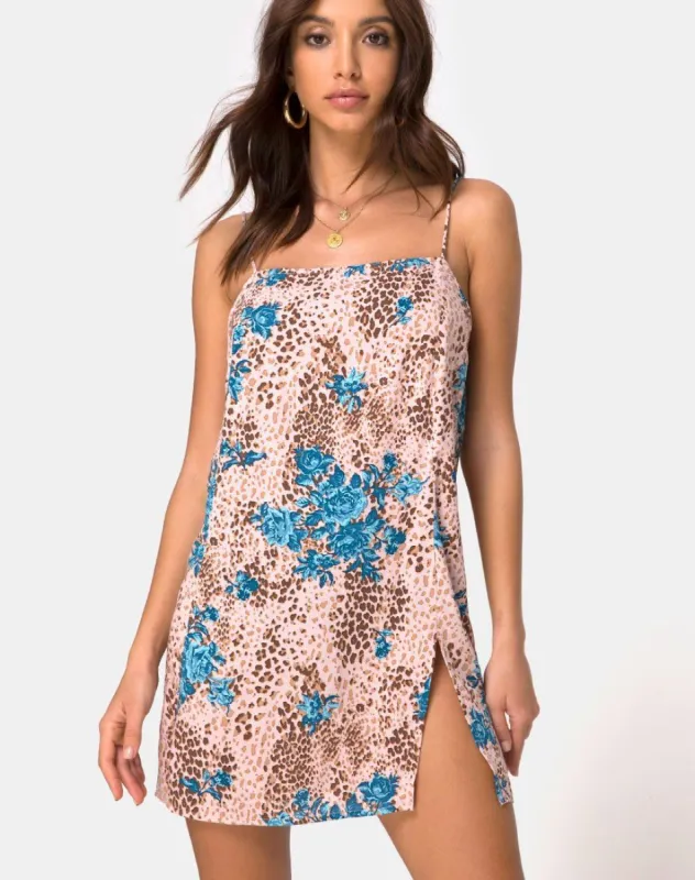 Datista Mini Dress in Jungle Flower Blue and Cream sold by Motel Rocks