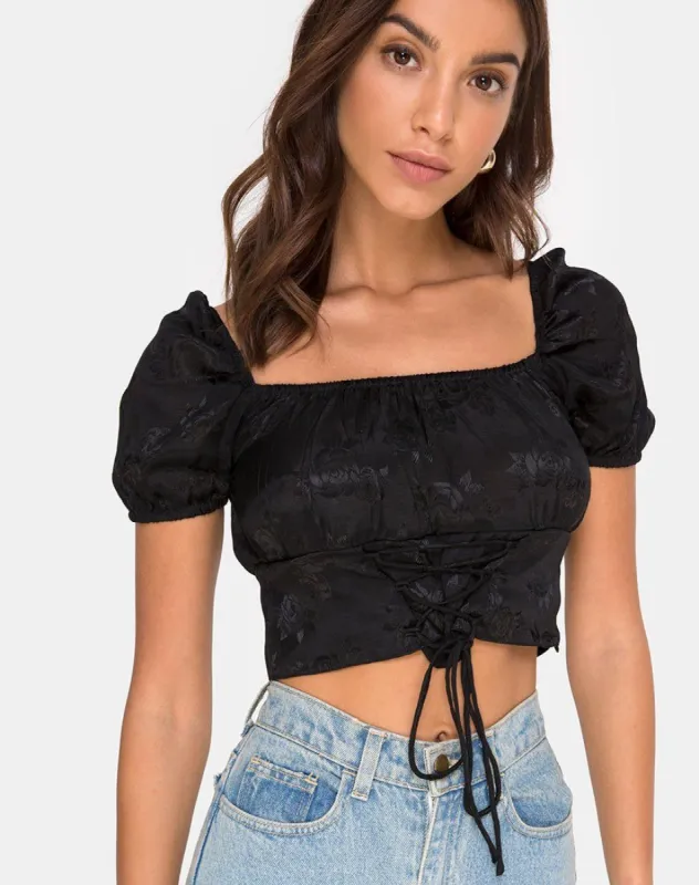 Ruiz Top in Satin Rose Black sold by Motel Rocks
