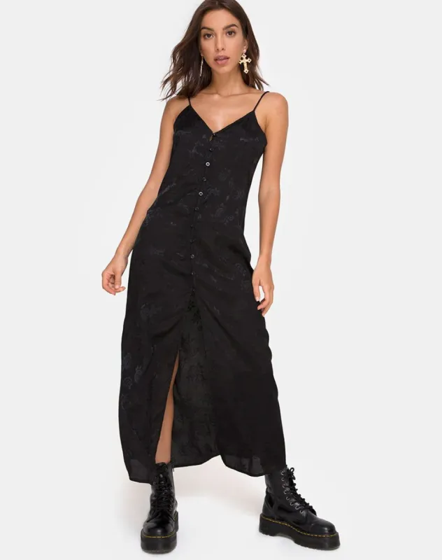 Senia Dress in Satin Rose Black sold by Motel Rocks