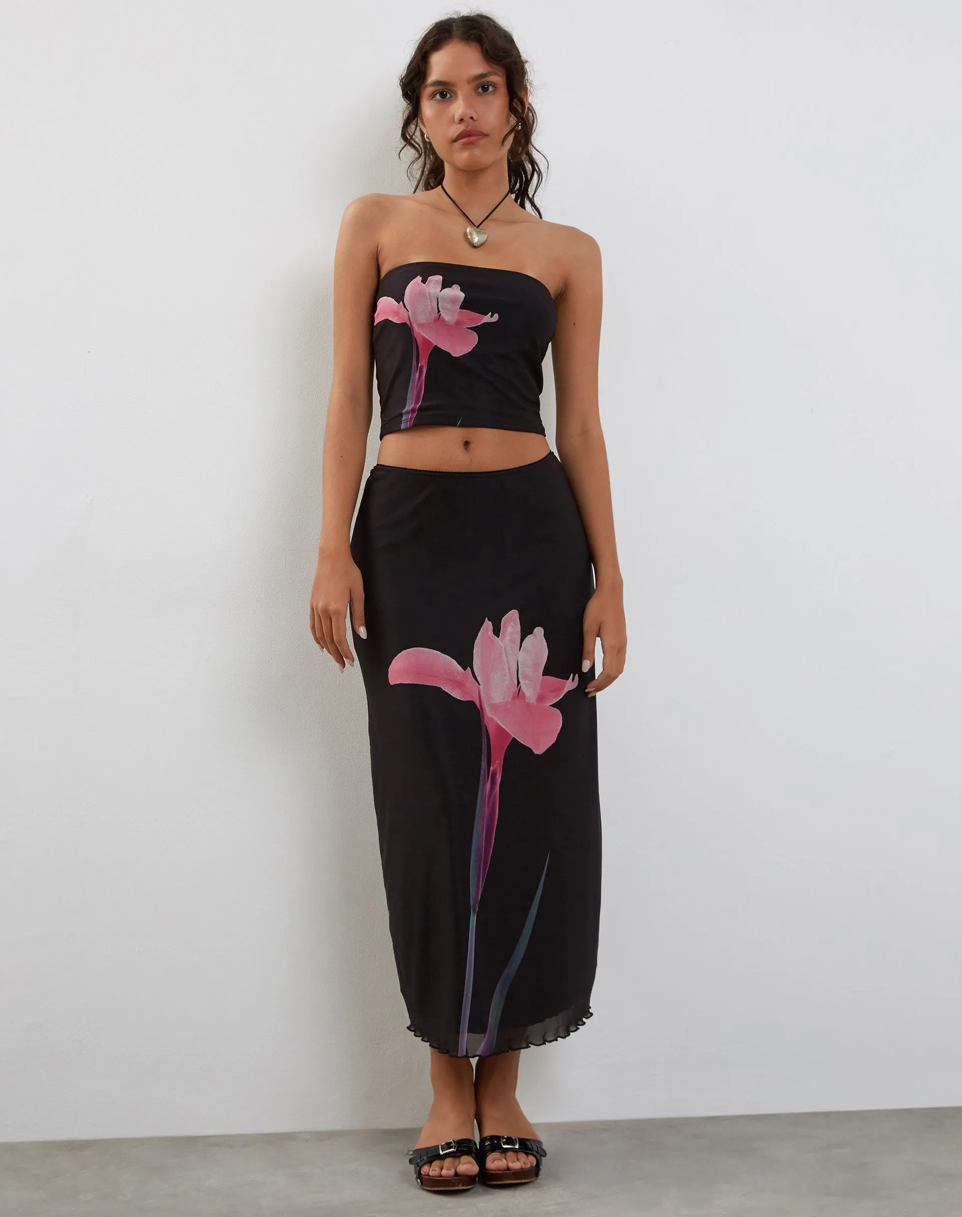 Shae Bandeau Top in Black with Pink Flower Placement sold by Motel Rocks product image thumbnail 2