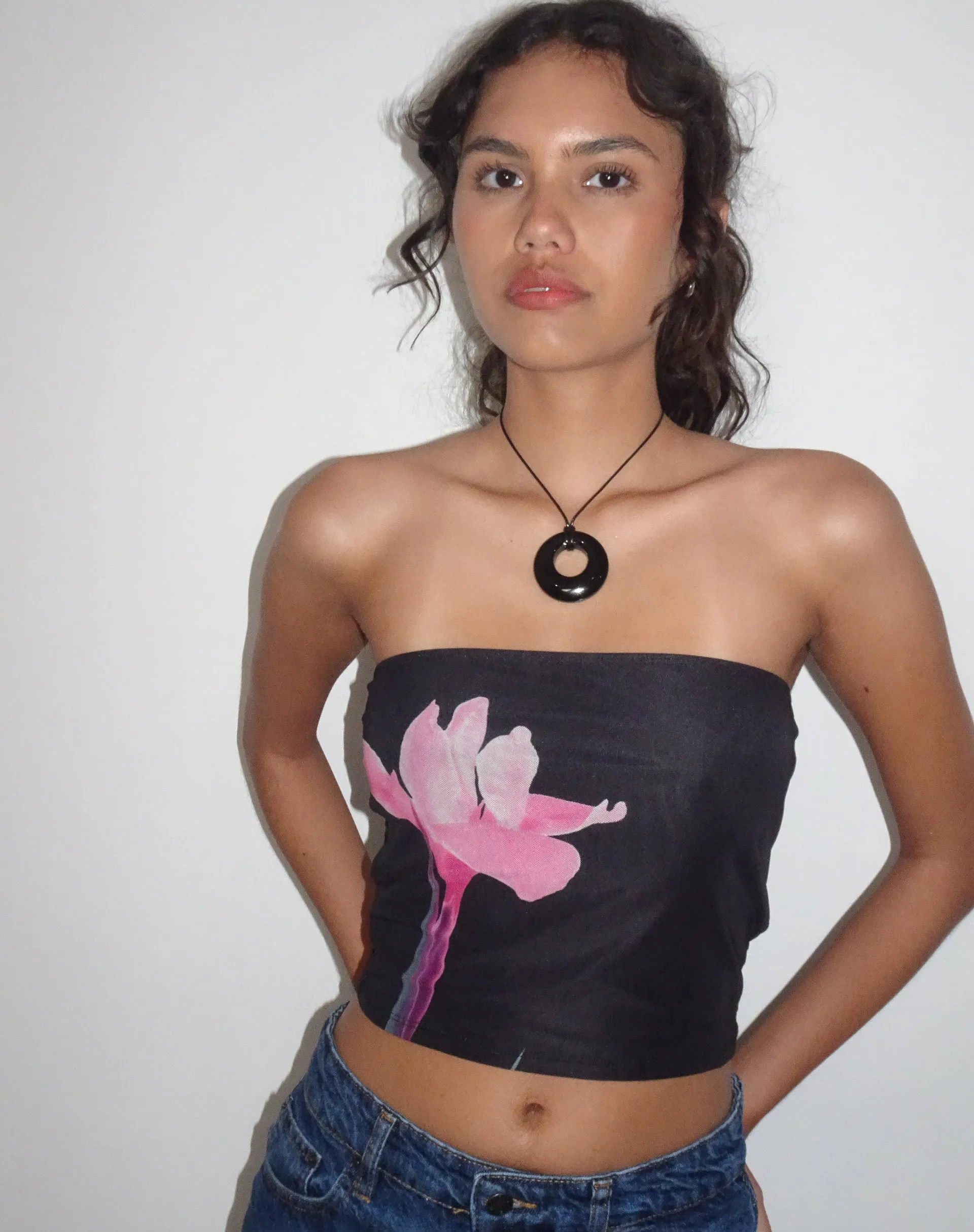 Shae Bandeau Top in Black with Pink Flower Placement sold by Motel Rocks